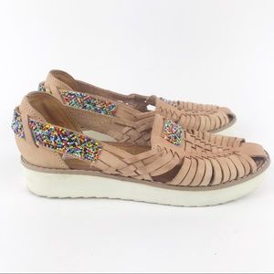 XHanab Mexican Leather Beaded Platform Huaraches